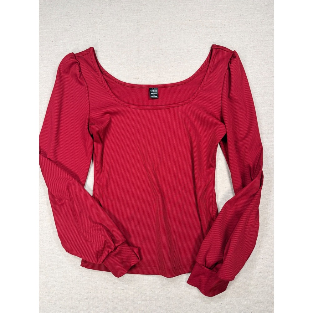 SHEIN Womens Red Ribbed Long Sleeve Puff Shoulder Scoop Neck Top Small